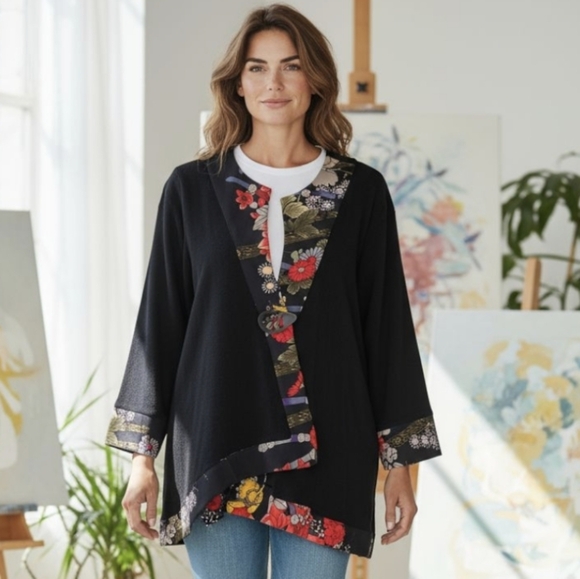 Channa Tops - NWT Channa Floral Trim Black Kimono Cardigan. Size 2XL.